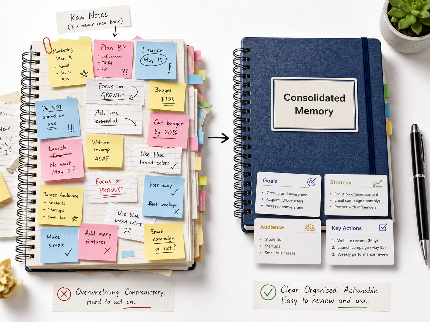 Messy memory notes being consolidated into organised session memory.