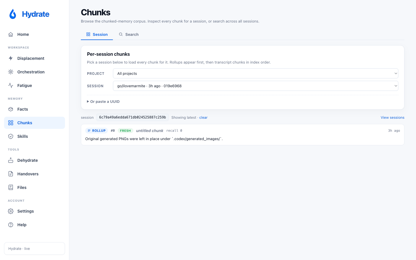 Chunks explorer: ranked chunker output for a distilled session