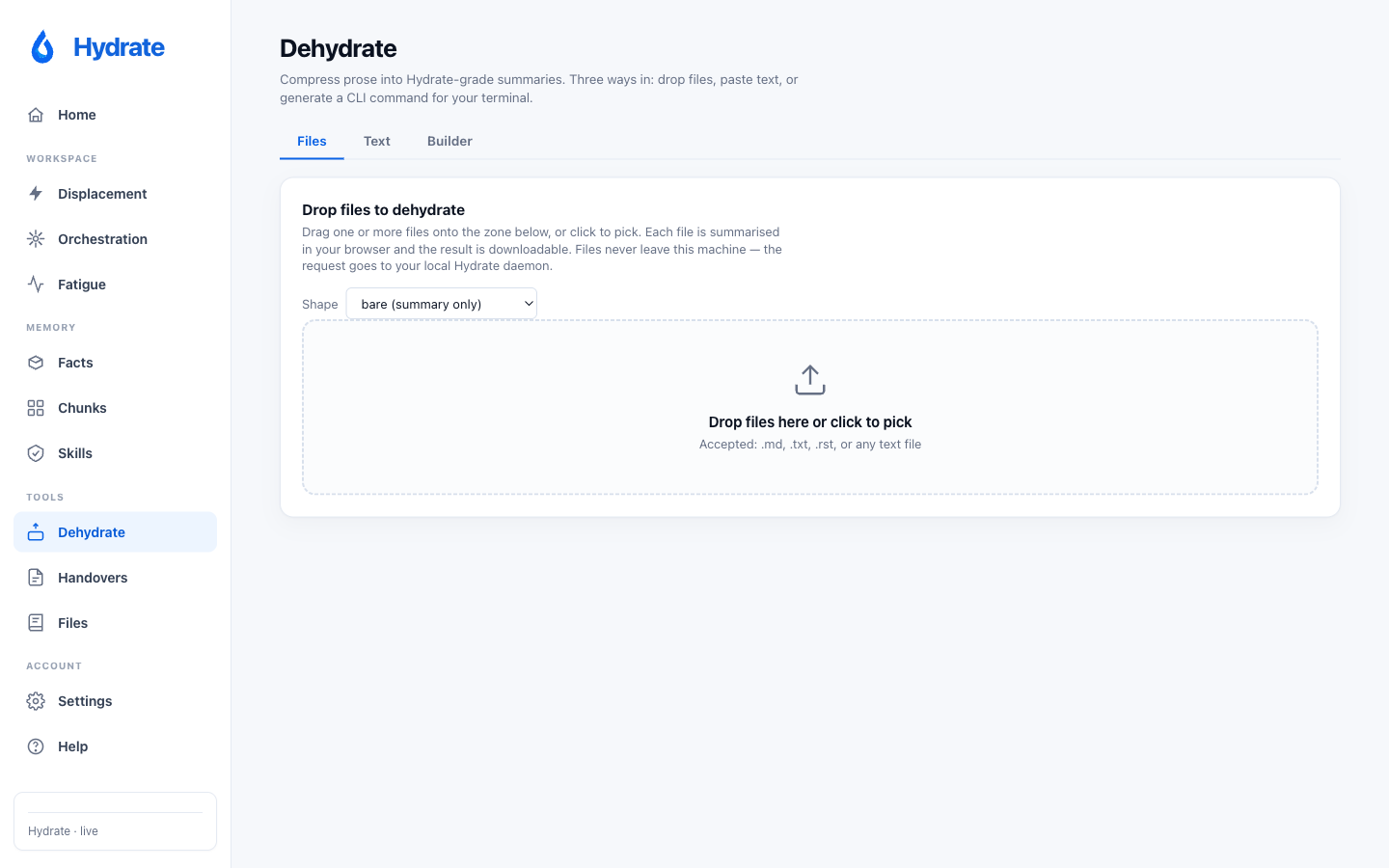 Dehydrate Tools page: File / Text / Settings tabs