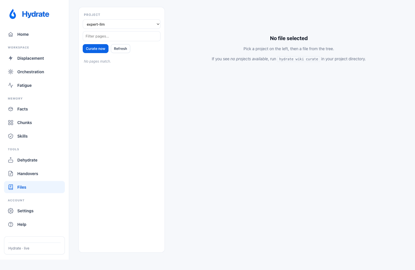 Files page: tree browser mirroring source layout, curated per-file notes inline