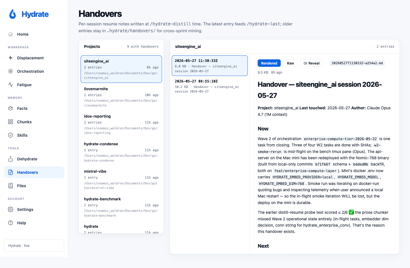 Handovers: project list, entry list, rendered viewer with Reveal-in-Finder