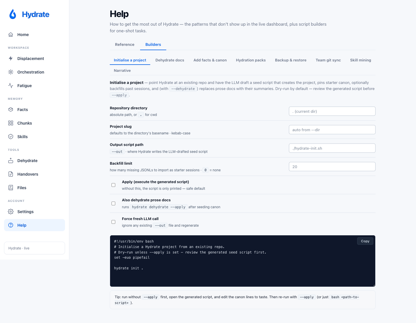 Help → Builders tab