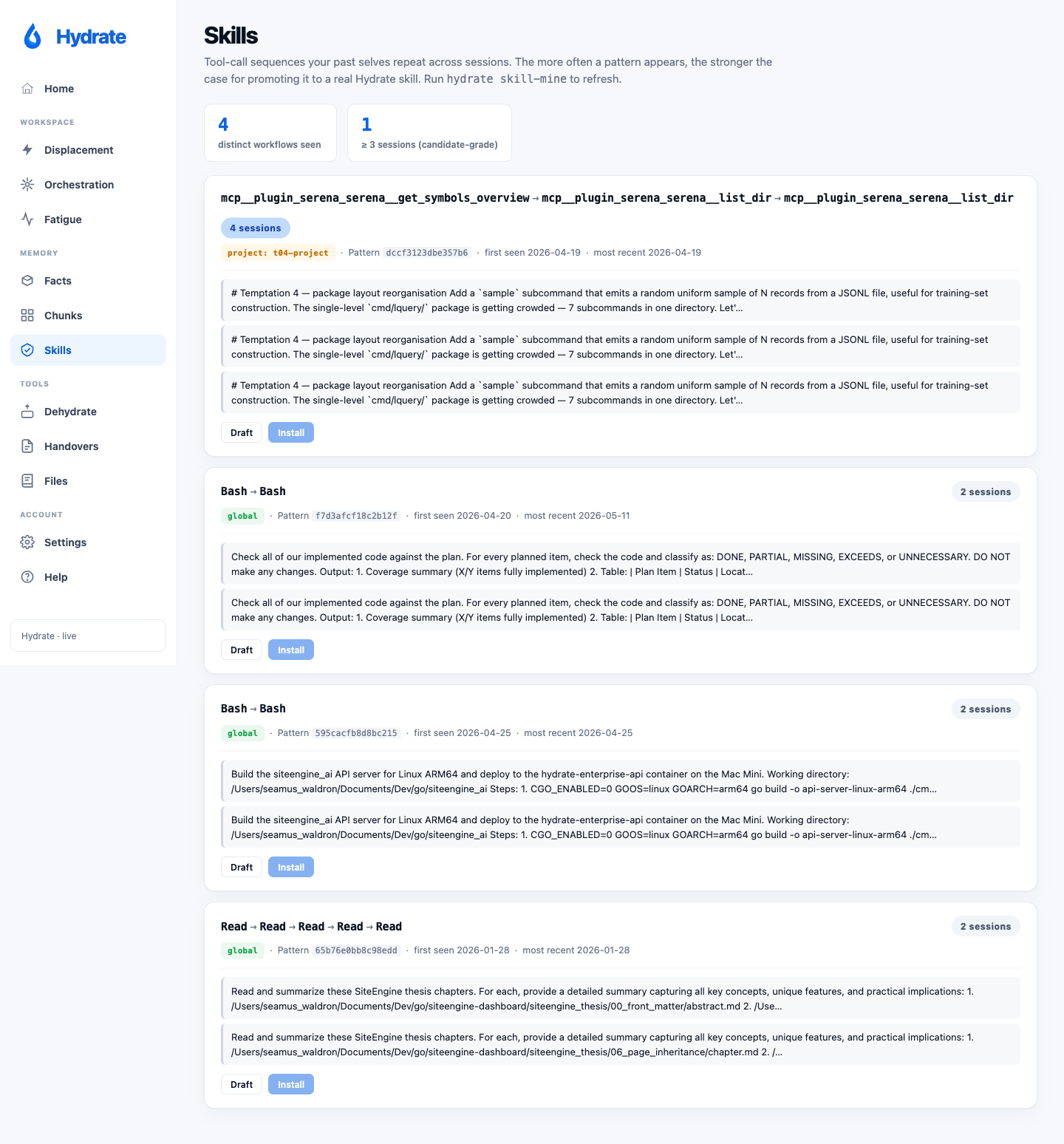 Skills page: mined workflow patterns